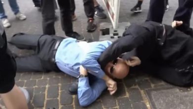 ألمانيا.. سياسي يعض متظاهرا ركله في وجهه